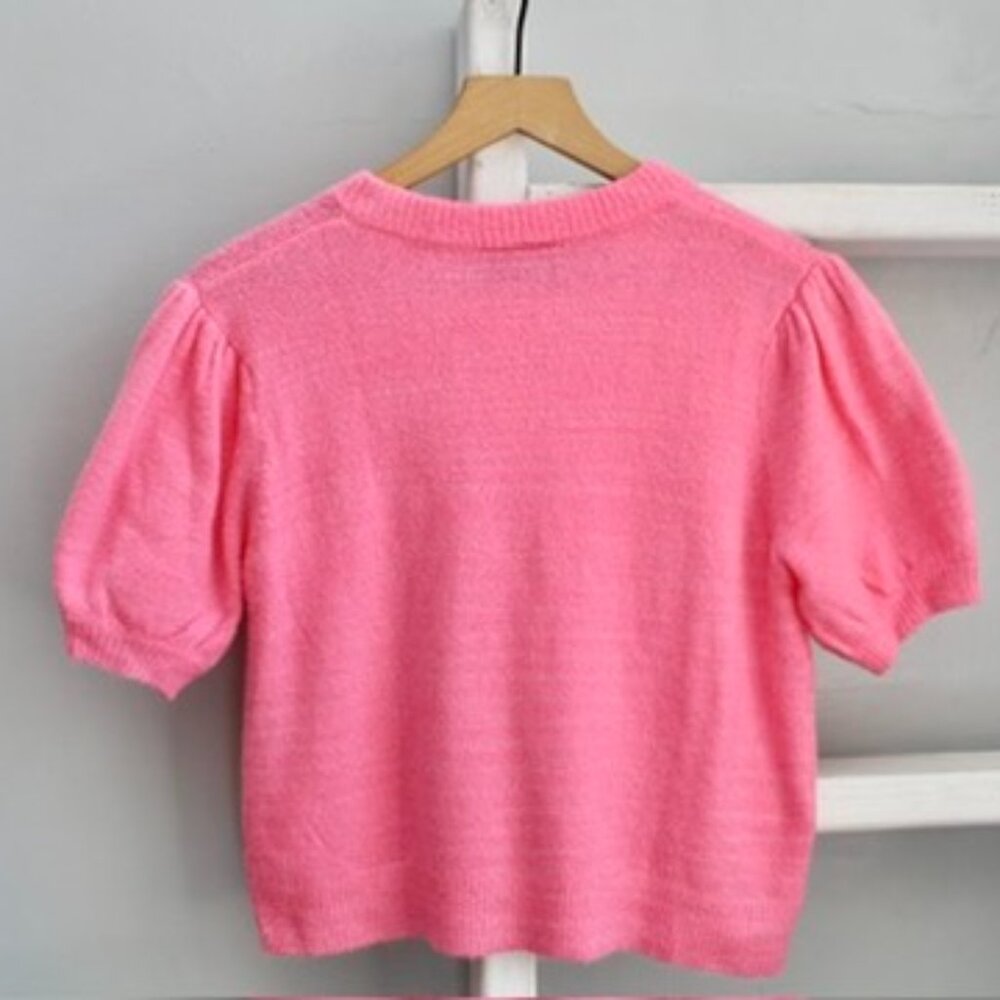 Vici Hot Pink Kayda Cropped Short Sleeve Knit Pullover Sweater Top Size Medium - Picture 2 of 6